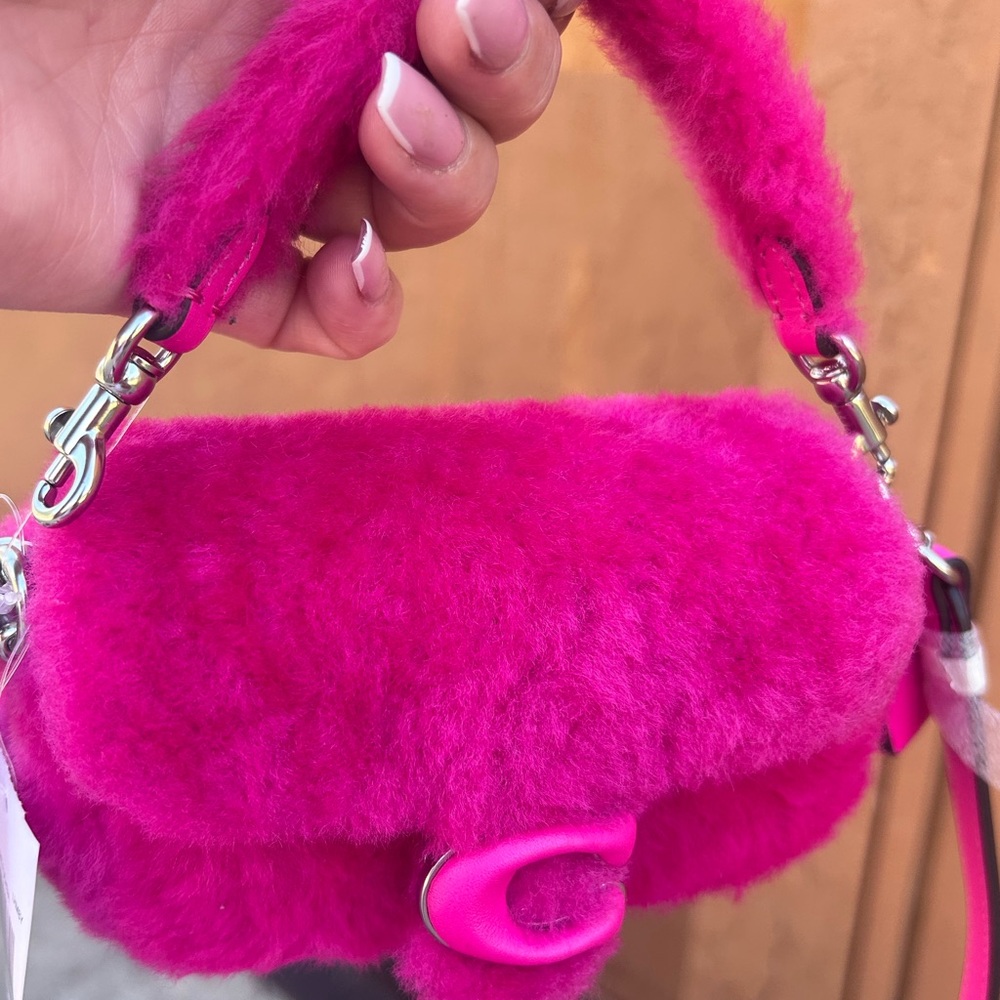 Coach Pink Mini Bag with Furry Texture and Silver Chain